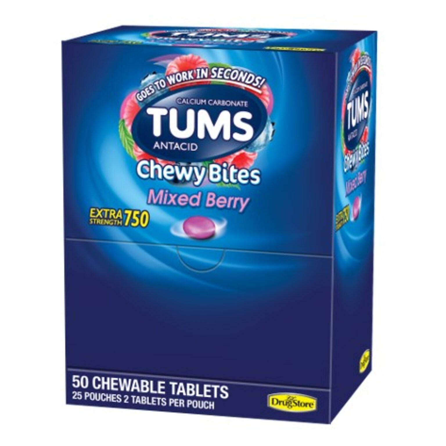 TUMS Antacid Chewy Bites, Mixed Berry, 25/Box, 50 Tablets (81518)
