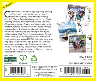 2027 Willow Creek Crusoe the Celebrity Dachshund 6.2 x 5.4 Daily Day-to-Day Calendar, Assorted Colors (63378)