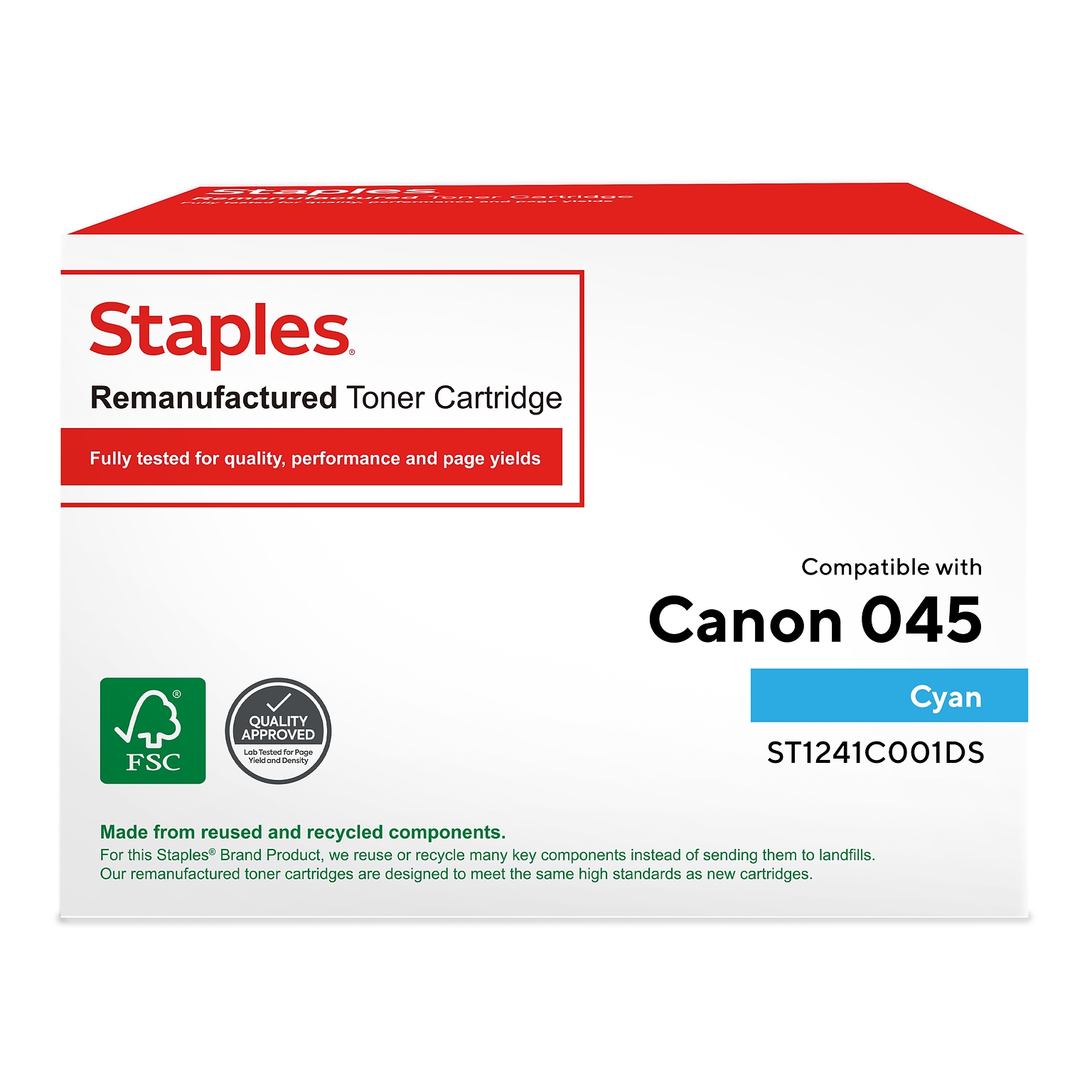 Staples Remanufactured Cyan Standard Yield Toner Cartridge Replacement for Canon 045 (TR1241C001DS/ST1241C001DS)