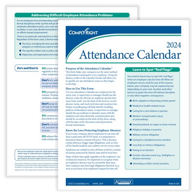 ComplyRight 2024 Attendance Calendar Card, White, Pack of 25 (A4000W25)