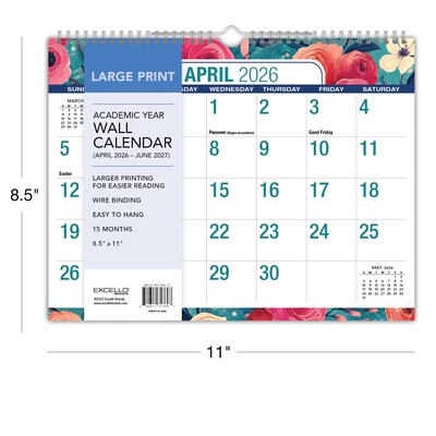 2026-2027 Excello Brands 8.5" x 11" Academic Monthly Wall Calendar, Teal Floral (NAY27-8511WC-17)