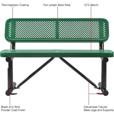 Global Industrial 4' Outdoor Steel Bench w/ Backrest, Perforated Metal, Green (695744GN)