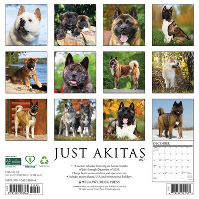 2027 Willow Creek Akitas 12 x 12 Monthly Wall Calendar, Assorted Colors (58664)