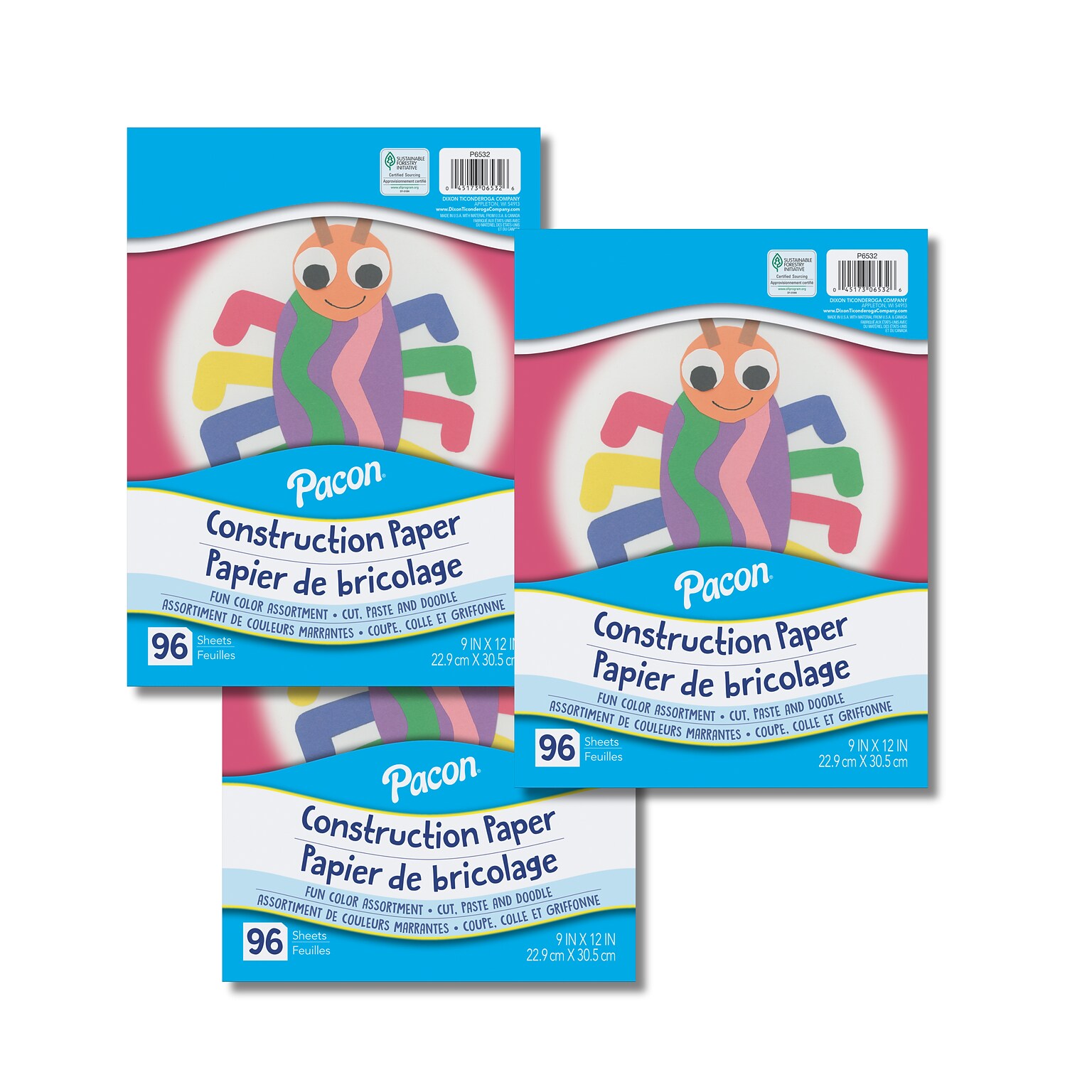 Pacon Construction Paper 9 x 12 Construction Paper, Assorted Colors, 96 Sheets/Pack, 3 Packs/Bundle (PAC6532-3)