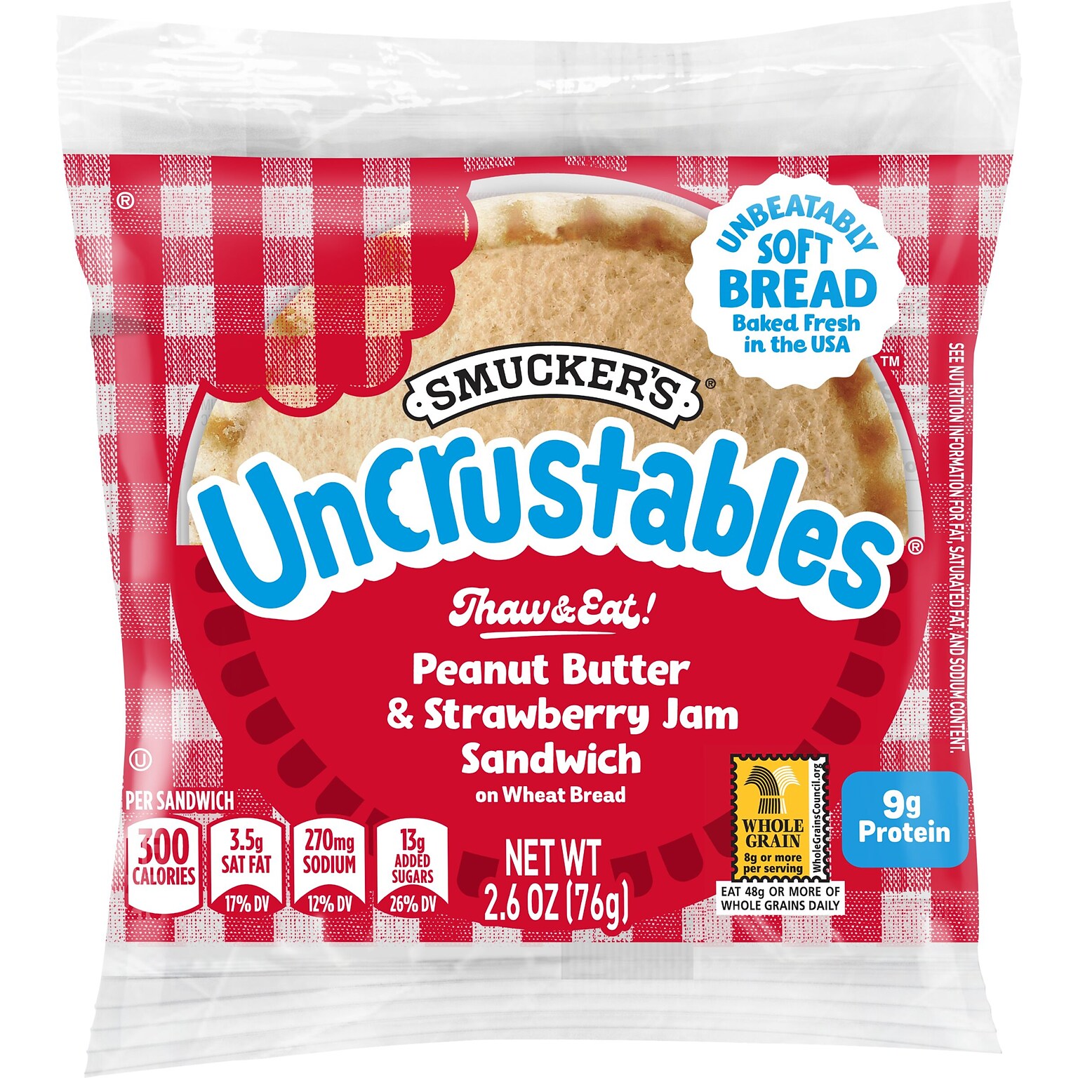 Smuckers Uncrustables Wheat Peanut Butter & Strawberry Jam Sandwiches, 2.6 oz., 48/Count (220-02220)