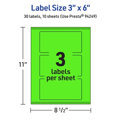 Avery Laser/Inkjet Multipurpose Rectangle Labels, 3" x 6", Neon Green, 30/Pack (94249)