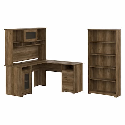 Bush Furniture Cabot 60W L Shaped Computer Desk with Hutch and 5 Shelf Bookcase, Reclaimed Pine (CA