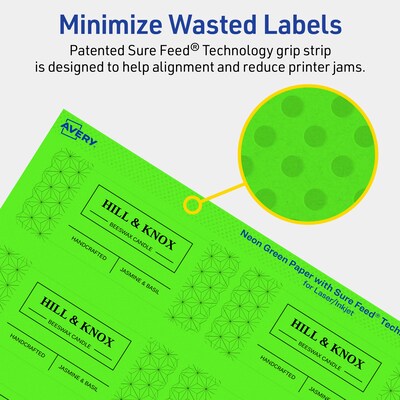 Avery Laser/Inkjet Multipurpose Rectangle Labels, 1.5" x 3.75", Neon Green, 100/Pack (94205)