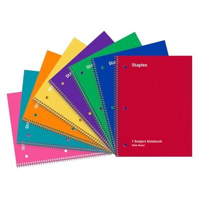 STAPLES 1-Subject Notebook, 8” x 10.5”, Wide Ruled, 70 Sheets, Assorted Colors