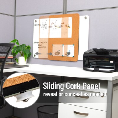 Mind Reader Wall Mounted Glass Dry Erase Board with Sliding Corkboard, Bulletin Board, White (CORKSLIDE-WHT)