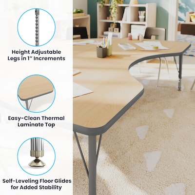 Flash Furniture Wren Kidney Activity Table, 72" x 48", Height Adjustable, Light Natural Top/Silver Frame (XUA4872KDLNTP)