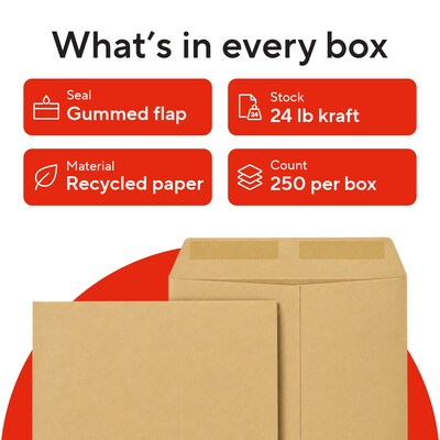 Staples 9 x 12 Catalog Envelopes, Brown Kraft, Gummed Seal, Heavy-Duty Mailing Envelopes for Documents & Forms, 250/Box