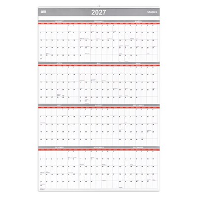 2027 Staples 24 x 36 Yearly Wall Calendar, White/Red/Gray (ST53999-27)