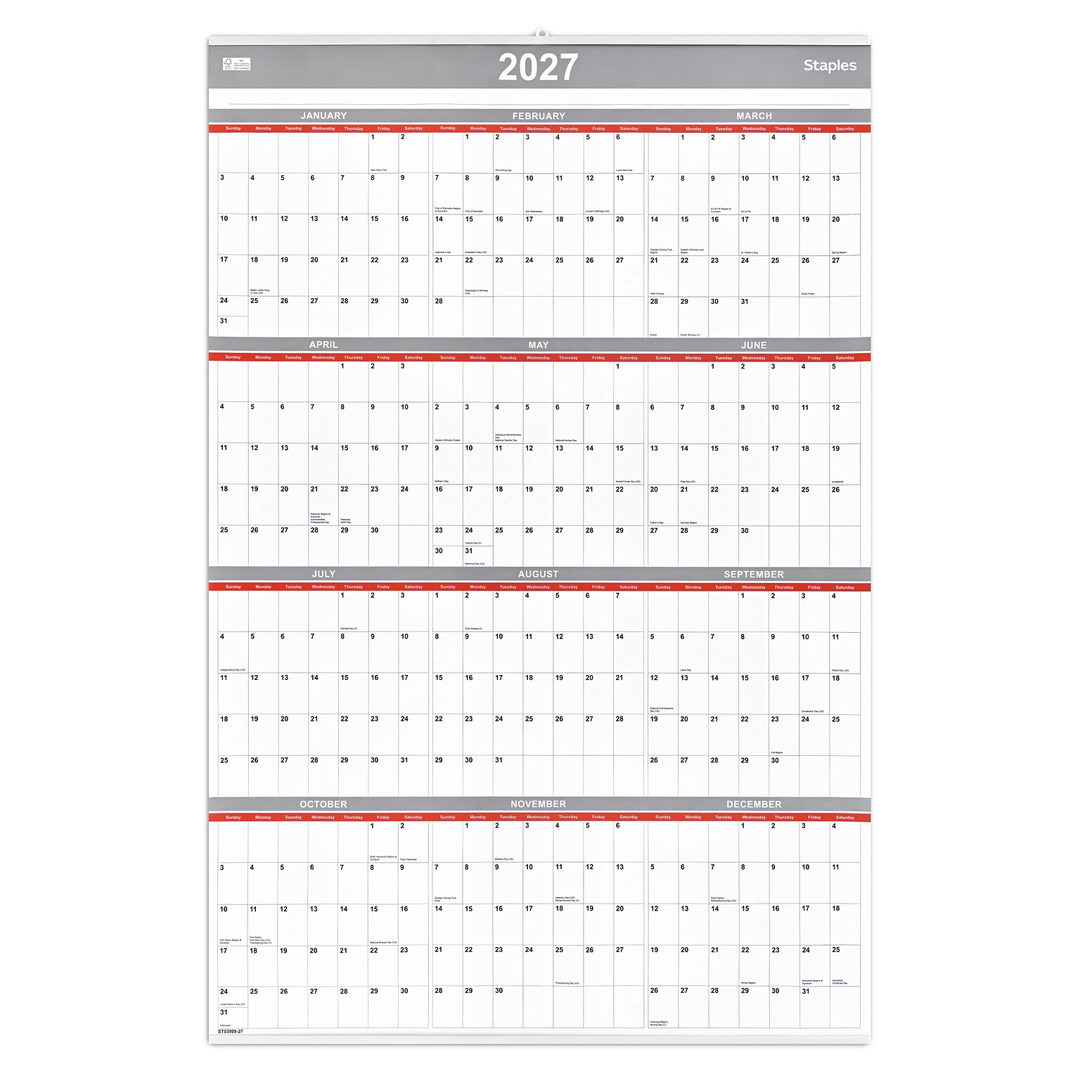 2027 Staples 24 x 36 Yearly Wall Calendar, White/Red/Gray (ST53999-27)