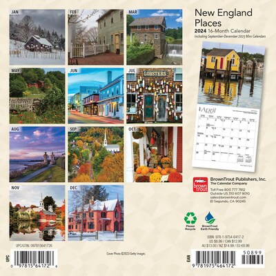 2024 BrownTrout New England Places 7" x 14" Monthly Wall Calendar (9781975464172)