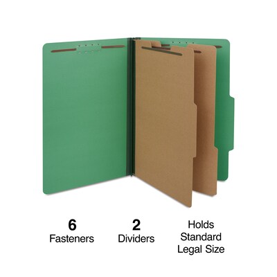 Quill Brand® 2/5-Cut Tab Pressboard Classification File Folders, 2-Partitions, 6-Fasteners, Legal, Green, 15/Box (739034)