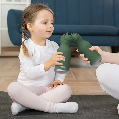 ASOBU Bestie Bottle Dinosaur Vacuum Insulated Stainless Steel Water Bottle with Reusable Flexi Straw, 16 oz., Green (SBV44DI)