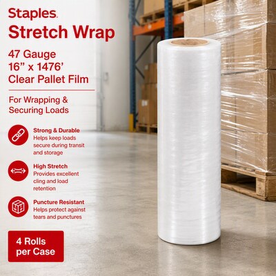 Quill Brand® 16" x 1476' 47 Gauge Cast Stretch Wrap, Clear, 4/Carton (ST56715)