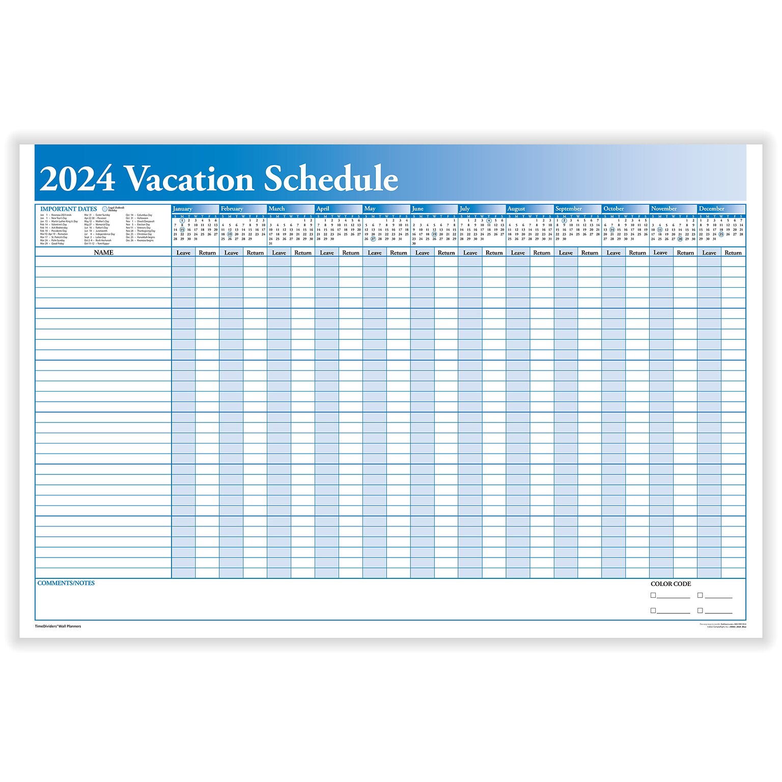 2025 ComplyRight Full Vacation Schedule, 24" x 36" Yearly Dry Erase