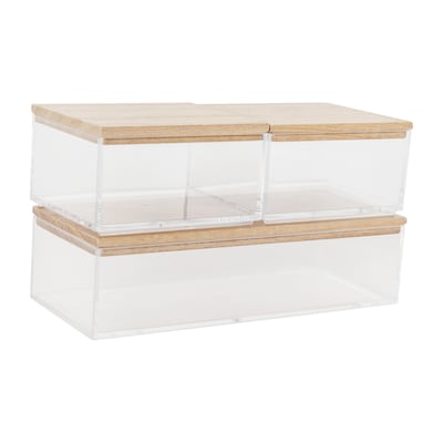 Martha Stewart Brody Plastic Storage Organizer Bin with Light Natural Paulownia Wood Lid, Clear, 3/S