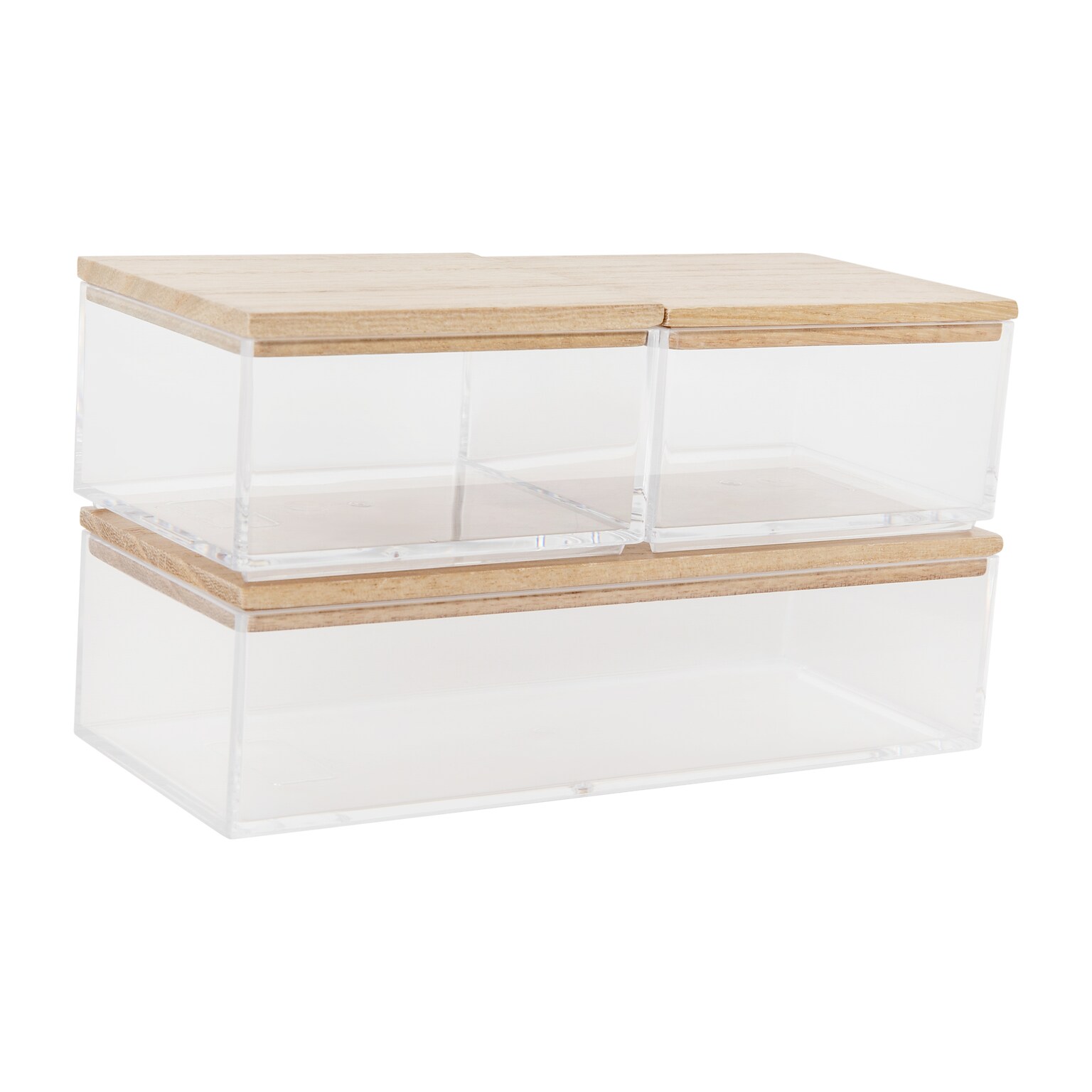 Martha Stewart Brody Plastic Storage Organizer Bin with Light Natural Paulownia Wood Lid, Clear, 3/Set (BEPB3316WD3CLNT)
