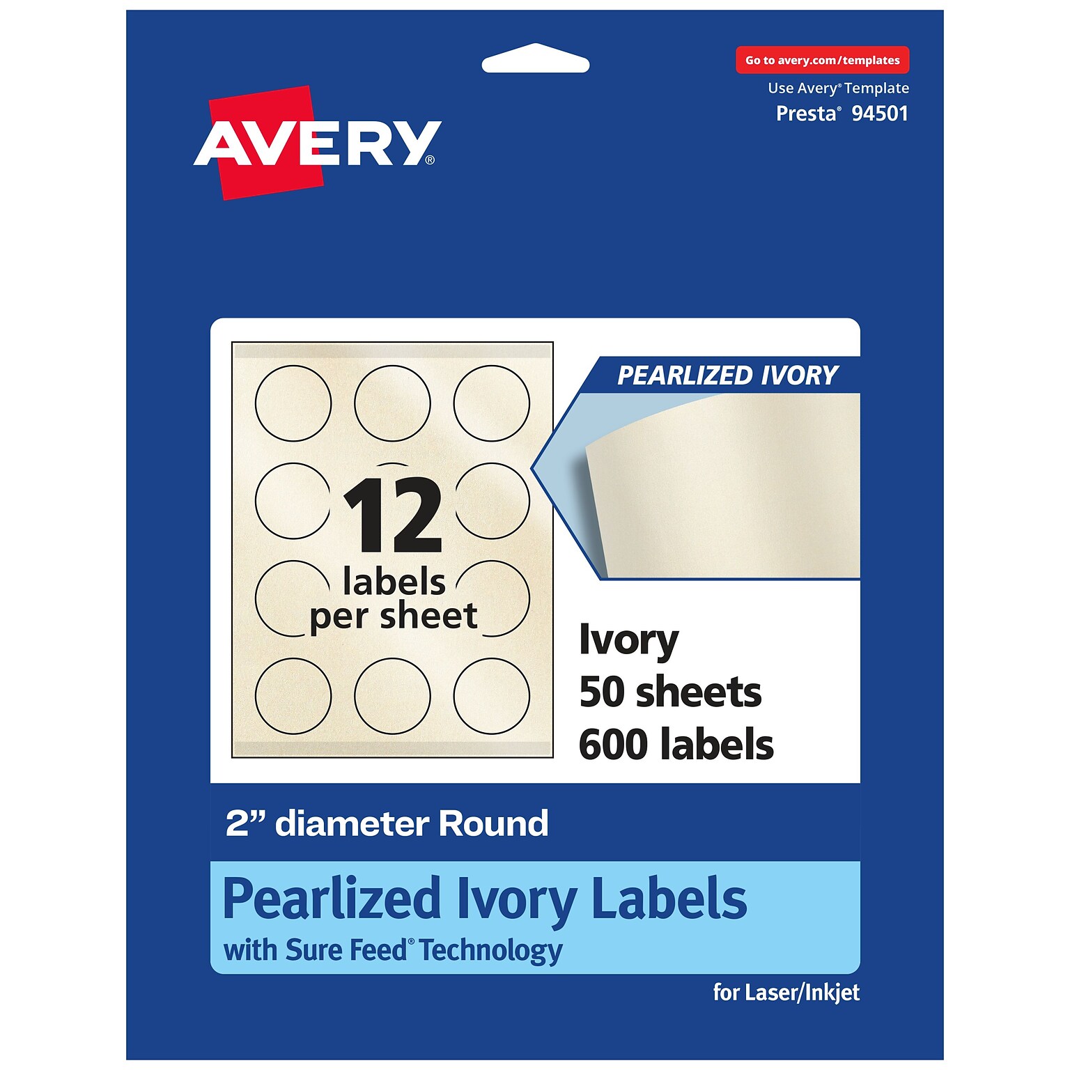 Avery Laser/Inkjet Round Multipurpose Labels, 2 Dia., Ivory, 600 Labels/Box (94501)
