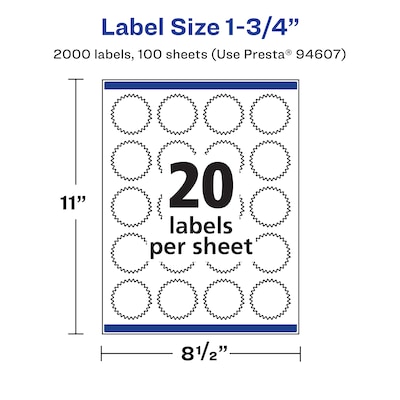 Avery Starburst Laser/Inkjet Burst Multipurpose Labels, 1.75" Dia, White, 2000 Labels/Box (94607)
