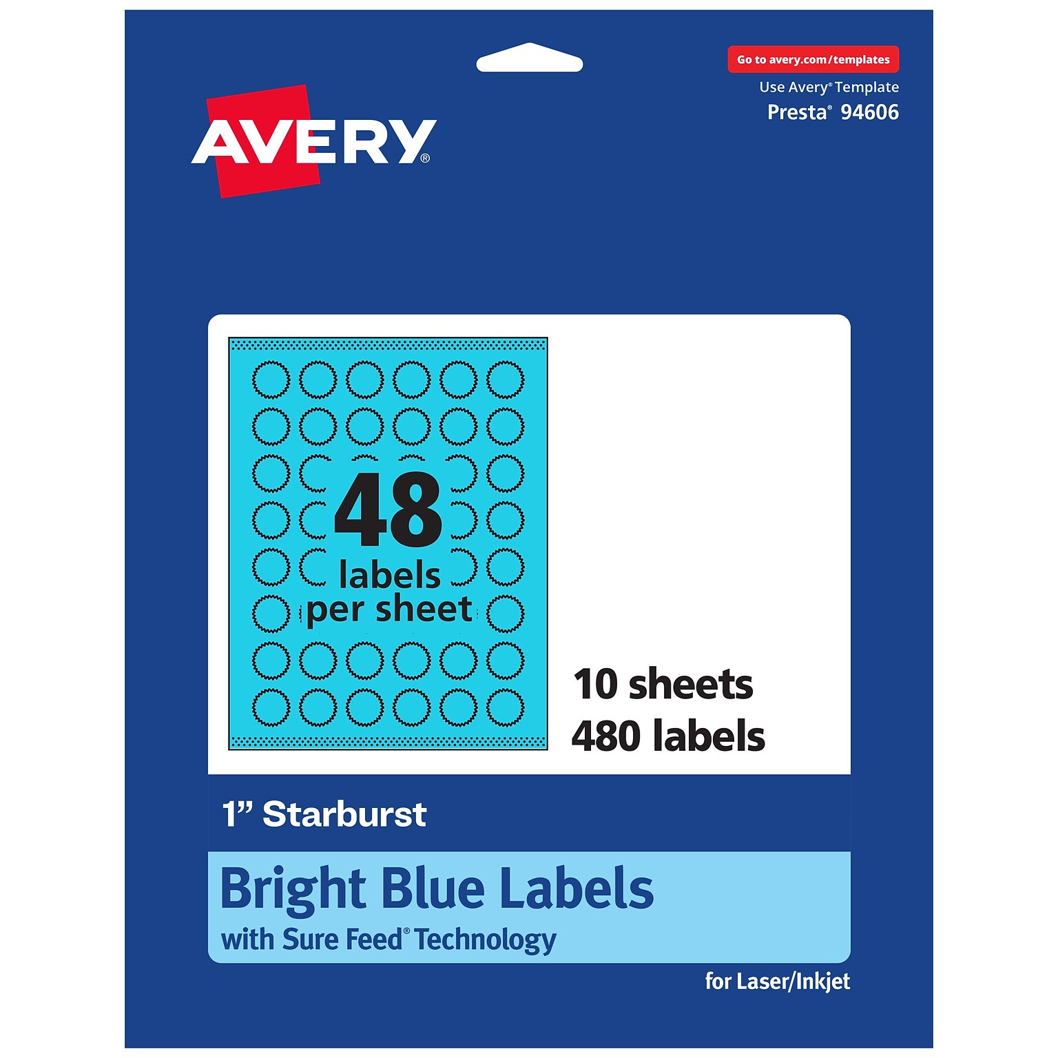 Avery Printable Burst Multipurpose Labels, 1, Bright Blue, 480/Pack (94606)