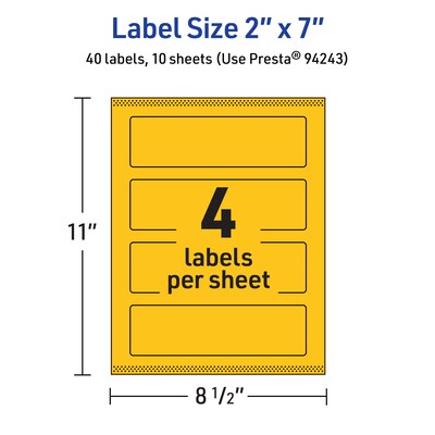 Avery Laser/Inkjet Rectangle Multipurpose Labels, 2" x 7", Bright Yellow, 40/Pack (94243)