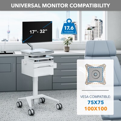 Mount-It! MedHub Mobile Medical Cart Workstation with Drawers, Monitor arm, and Locking Caster Wheels, White/Grey (MI-16026)
