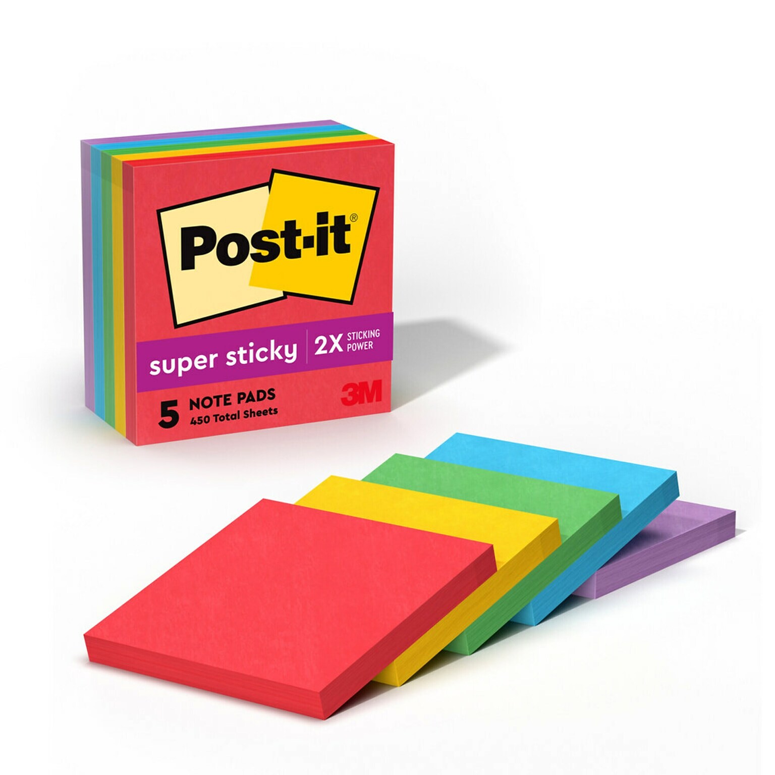 Post-it Super Sticky Notes, 3 x 3, Playful Primaries Collection, 90 Sheet/Pad, 5 Pads/Pack (654-5SSAN)