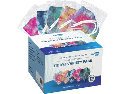 WeCare Tie Dye Disposable KN95 Fabric Face Masks, One Size, Assorted Colors, 20/Pack, 50 Packs/Carto