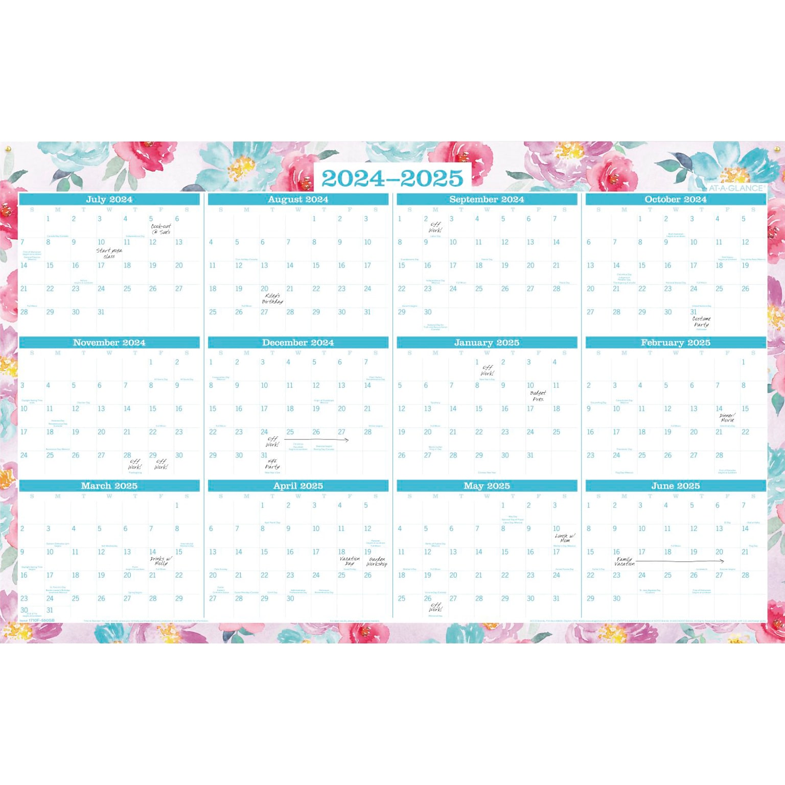 2024-2025 AT-A-GLANCE Badge Floral 36 x 24 Academic & Calendar Yearly Dry-Erase Wall Calendar, Reversible (1710F-550P-25)