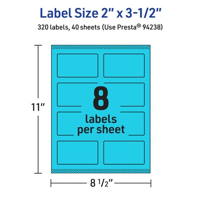 Avery Laser/Inkjet Multipurpose Rectangle Labels, 2" x 3.5", Bright Blue, 320/Pack (94238)