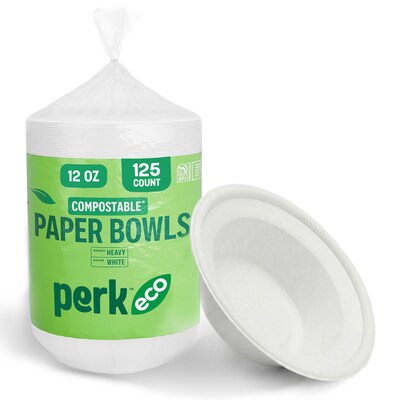 Perk™ Eco Compostable Paper Bowls, 12 Oz., White, 125/Pack (PK61285)