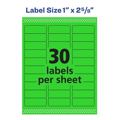 Avery Laser Address Labels, 1" x 2 5/8", Neon Green, 30 Labels/Sheet, 25 Sheets/Pack (5971)