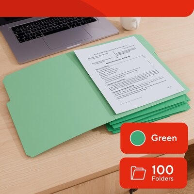 Staples File Folders, Letter Size, 1/3-Cut Tabs, Assorted Positions, Green, Durable Paper Stock, 100/Pack