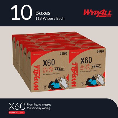 WypAll GeneralClean X60 Fabric Cleaning Wipers, 16.8 x 9.1, White, 118 Wipers/Box, 10/Carton (34790)