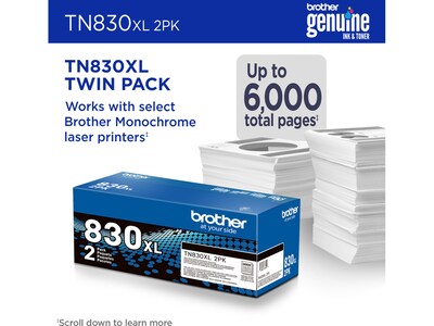 Brother TN830XL Black High Yield Toner Cartridge 2/Pack (TN830XL2PK), print up to 3,000 pages
