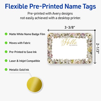 Avery Adhesive Name Tags, Pre-printed Floral Gold Hello Design