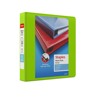 Staples® Heavy Duty 1 1/2 3-Ring View Binders, D-Ring, Chartreuse (ST56320-CC)