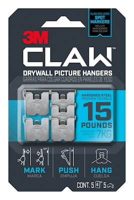 3M CLAW™ Drywall Picture Hanger with Temporary Spot Marker, Holds 15 lbs, 5 Hangers 5 Markers/Pack