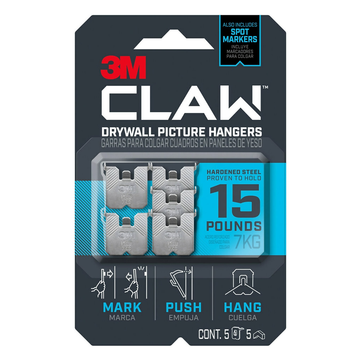 3M CLAW™ Drywall Picture Hanger with Temporary Spot Marker, Holds 15 lbs, 5 Hangers 5 Markers/Pack