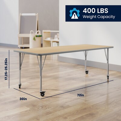 Flash Furniture Wren Rectangular Activity Table, 72" x 30", Height Adjustable, Light Natural Top/Silver Frame (XUA3072RECLNTPC)