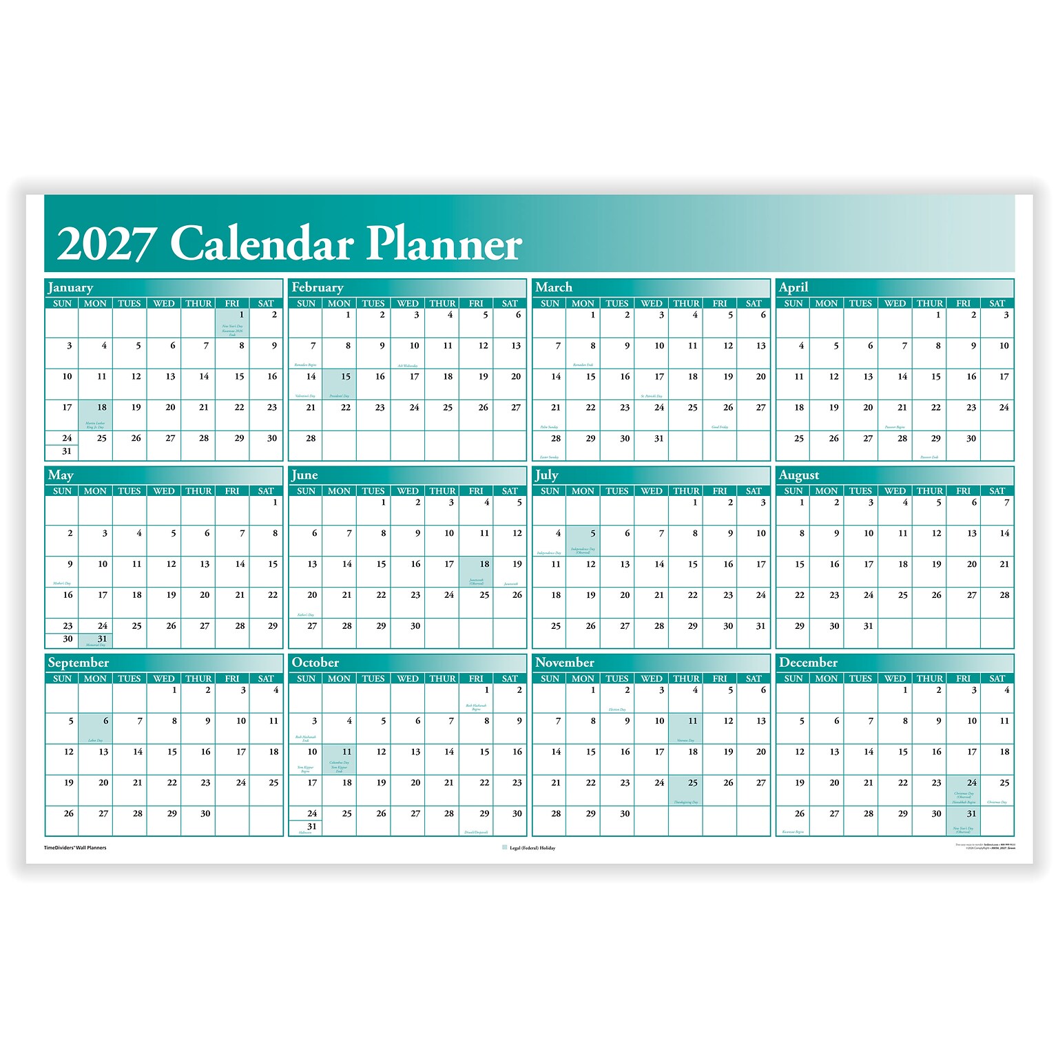 2027 ComplyRight 36 x 24 Yearly Dry Erase Wall Calendar, Green (J0056GR)