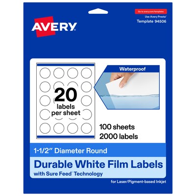 Avery Laser/Inkjet Round Waterproof Multipurpose Labels, 1.5 Dia., White, 2000 Labels/Box (94506)