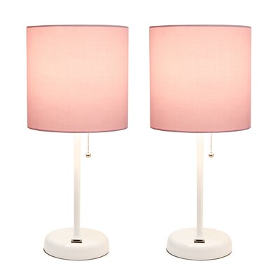 Creekwood Home Oslo Duo 19.5 LED Table Lamp with USB Port, White Base/Light Pink Shade, 2/Set (CWT-