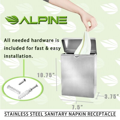 Alpine Industries Stainless Steel Wall-Mounted Sanitary Napkin Receptacle, 2/Pack (451-SSB-2PK)