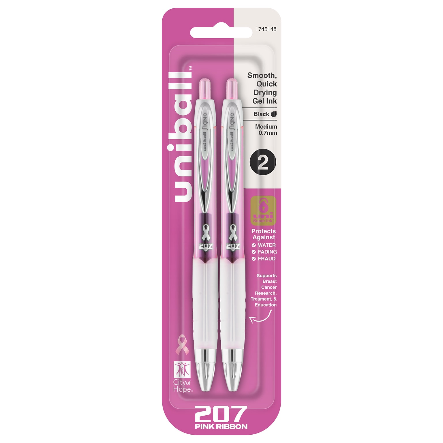uni-ball 207 Pink Ribbon Retractable Gel Pens, Medium Point, 0.7mm, Black, 2/Pack (1745148)
