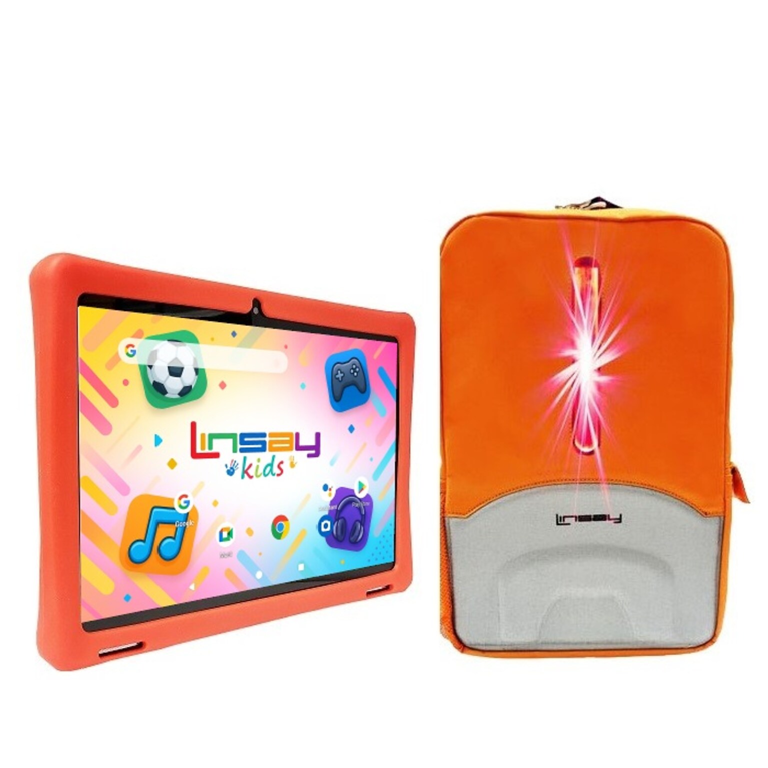 Linsay 10.1 Tablet, Wi-Fi, Octa Core, 256GB eMMC, Android 15, with Red Kids Defender Case and LED Backpack Orange